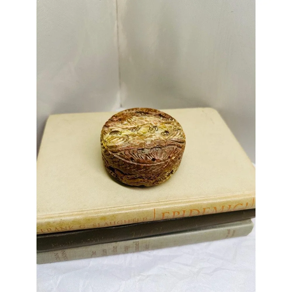 Vintage Chinese Hand Carved Stone Trinket Box Lion 3x1.75